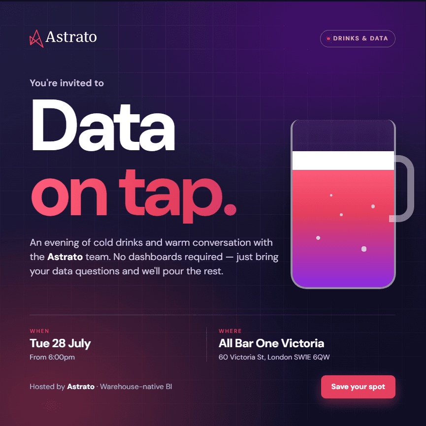 Data on tap - the social event for Data professionals, by Astrato Analytics 🍸🍺