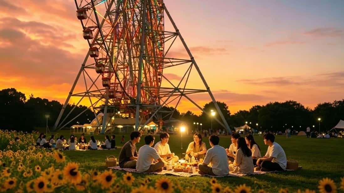 🌻 Sunflowers, Beach & Ferris Wheel – A Summer Night Picnic at Kasai Rinkai Park