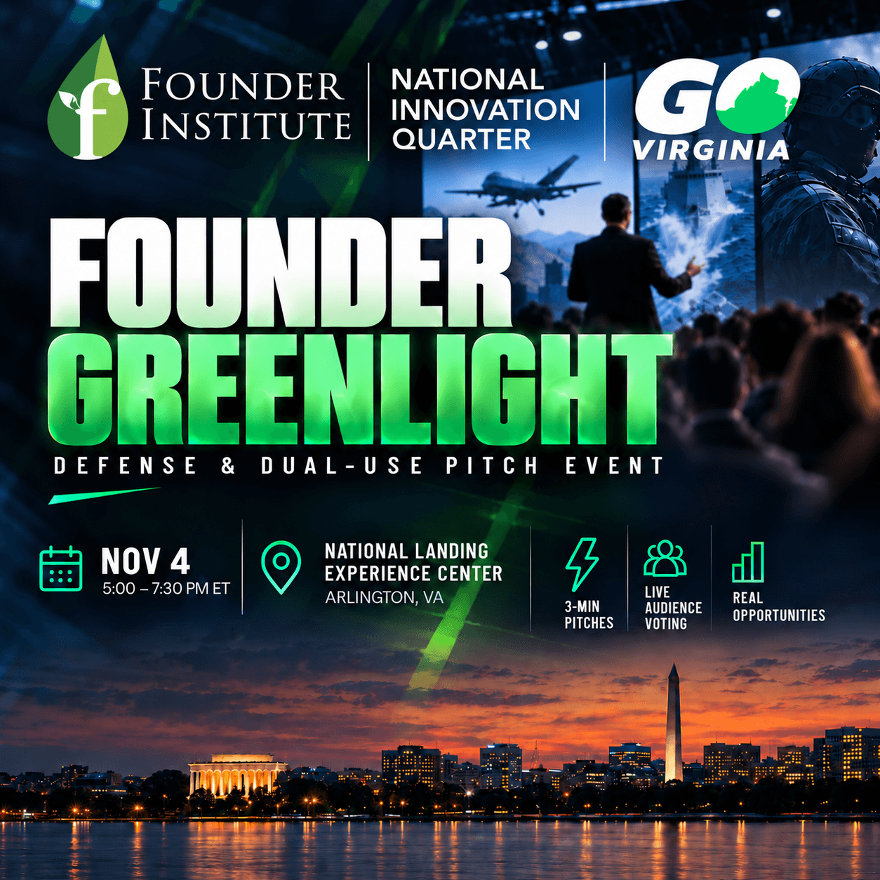 Founder Greenlight: NatSec & Dual-Use Happy Hour & Founder Showcase hosted by Founder Institute, National Innovation Quarter, and GO VA