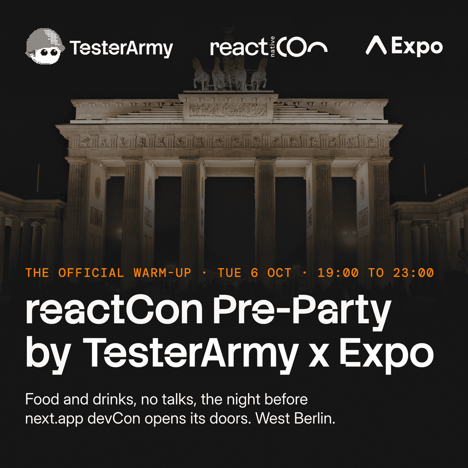 reactCon Pre-Party. The official warm-up, hosted by TesterArmy x Expo