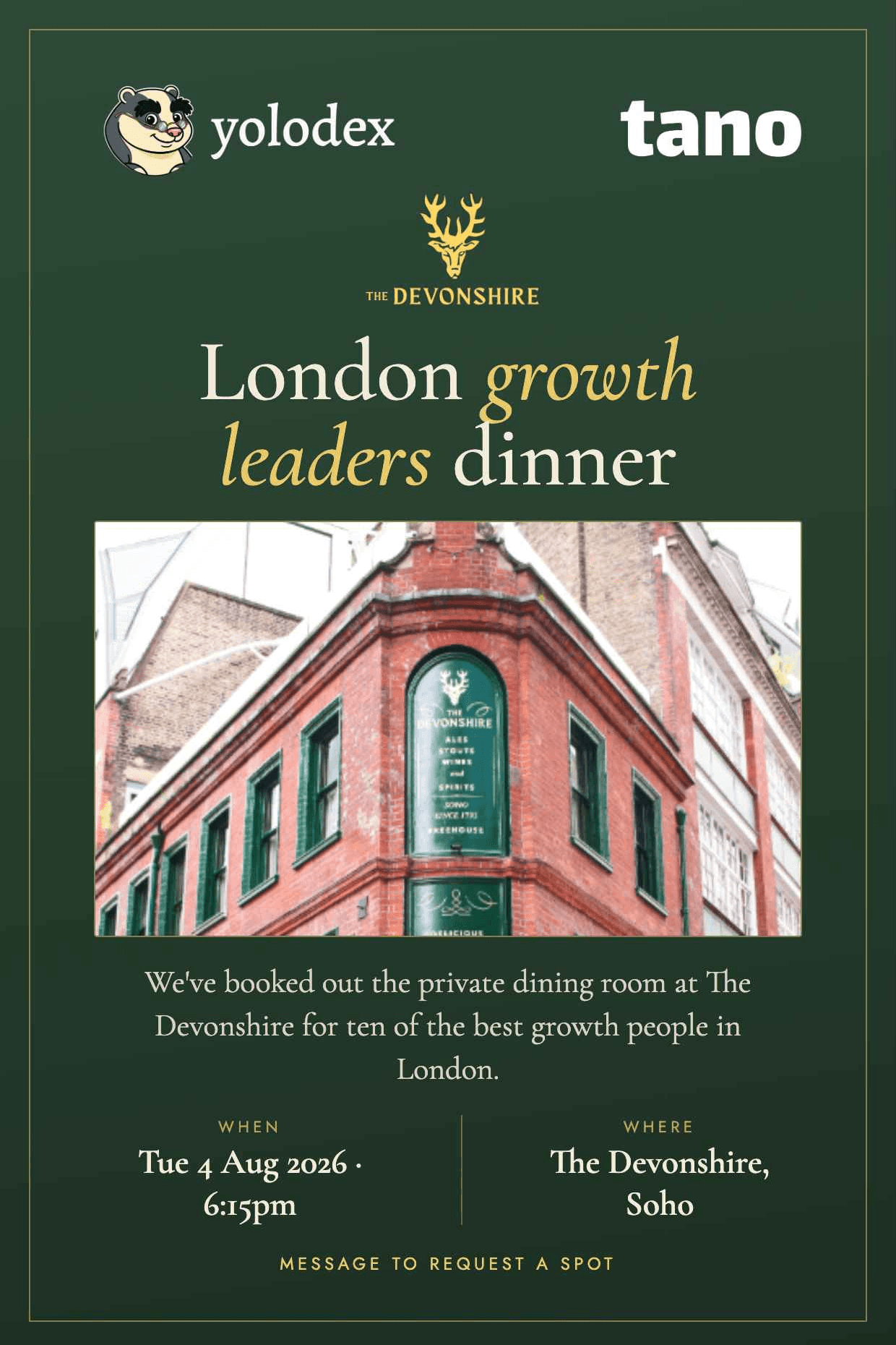 London growth leaders dinner hosted by Yolodex and Tano