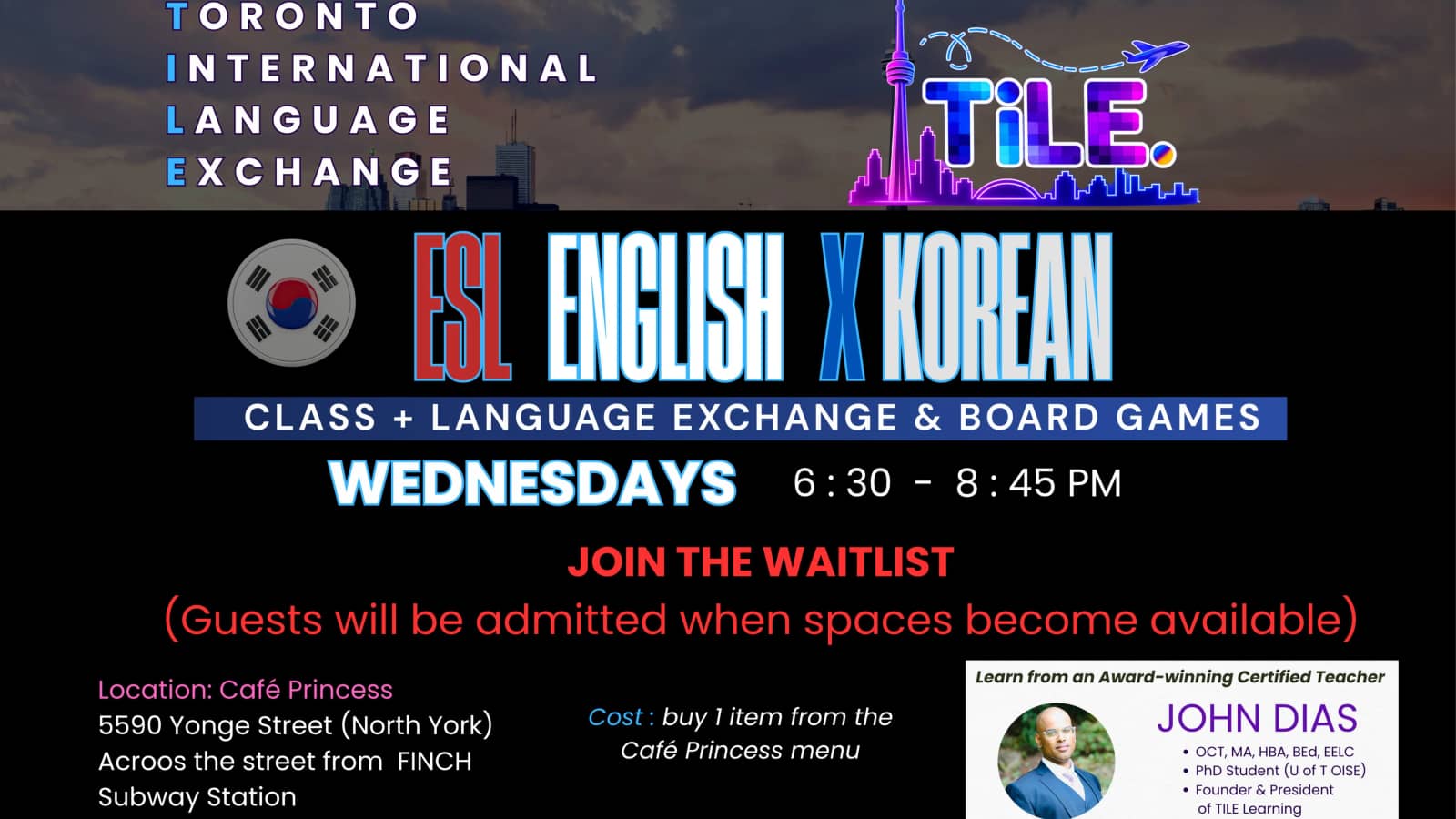 Wednesday - JOIN WAITLIST - ESL English X Korean Language Exchange, Class&Games