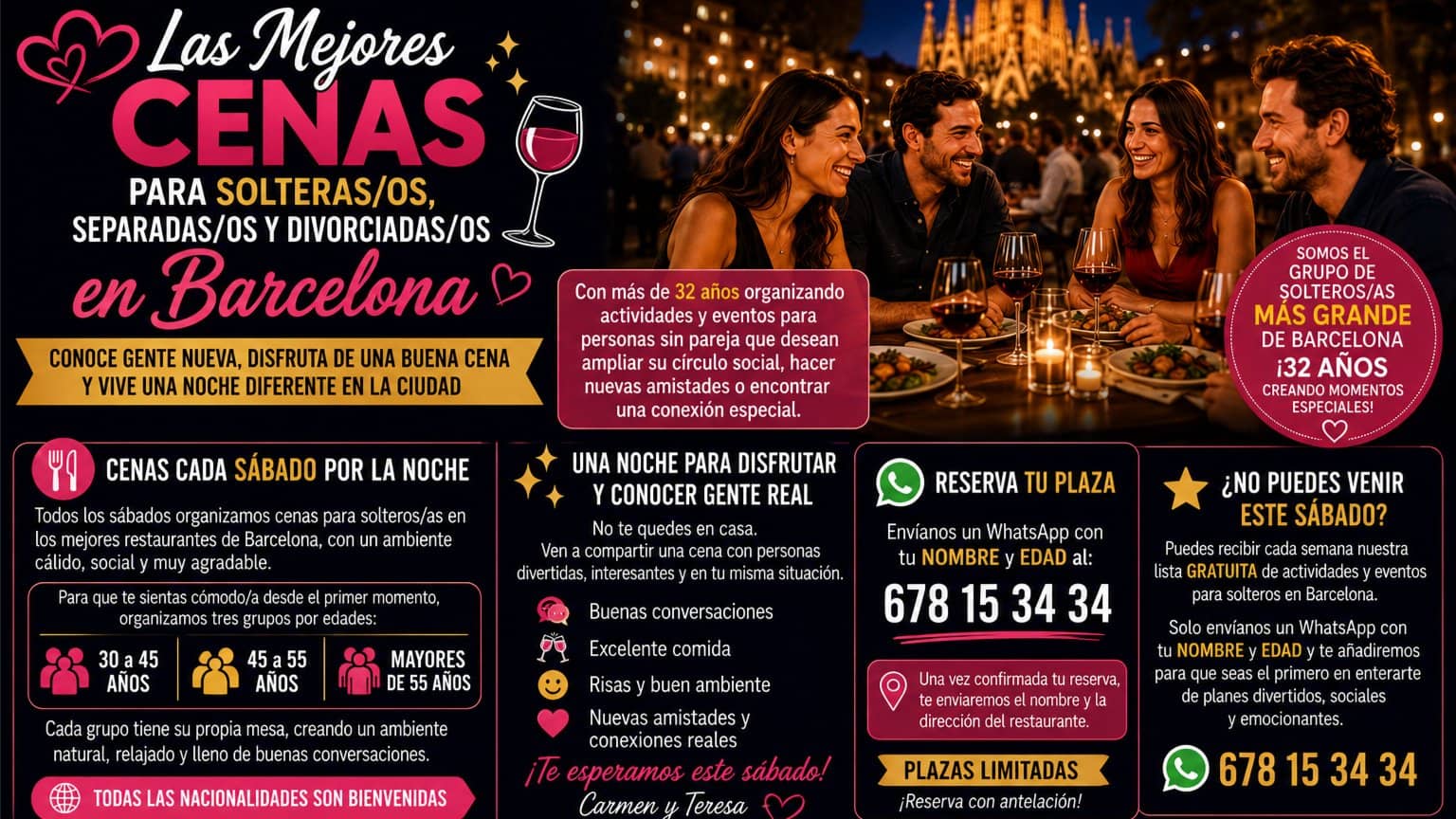 HOY SABADO Las Mejores Cenas para Solteras/os, Separadas/os y Divorciadas/os