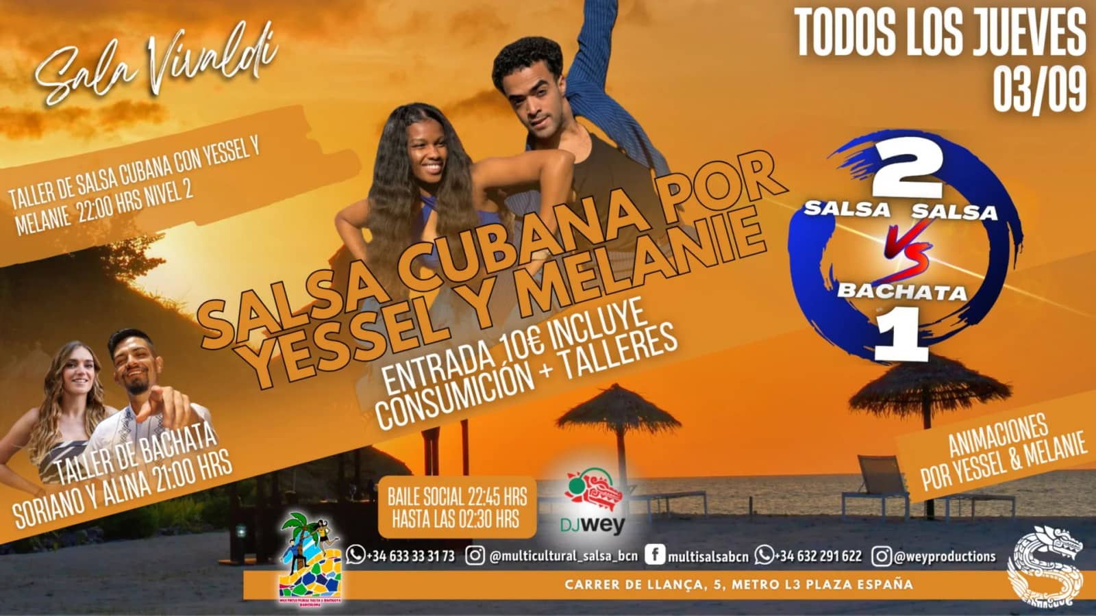 Salsa vs Bachata(2vs1), Talleres y Baile Social en Sala Vivaldi