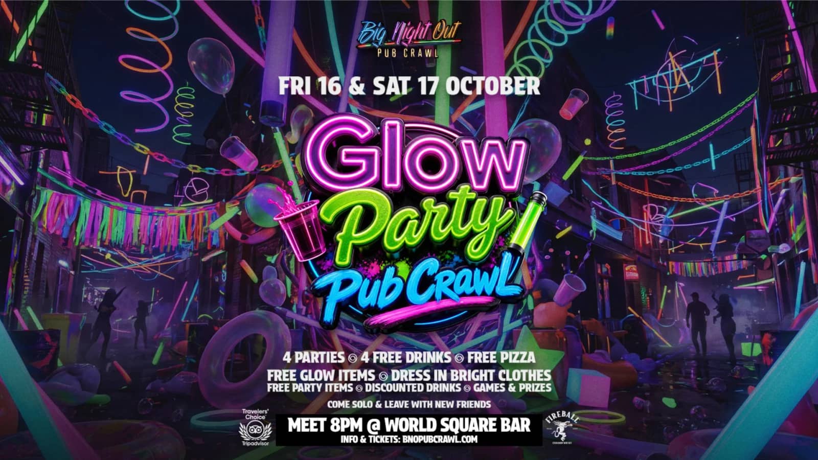 Glow Party Pub Crawl // 4 Parties + 4 Free Drinks + Free Pizza