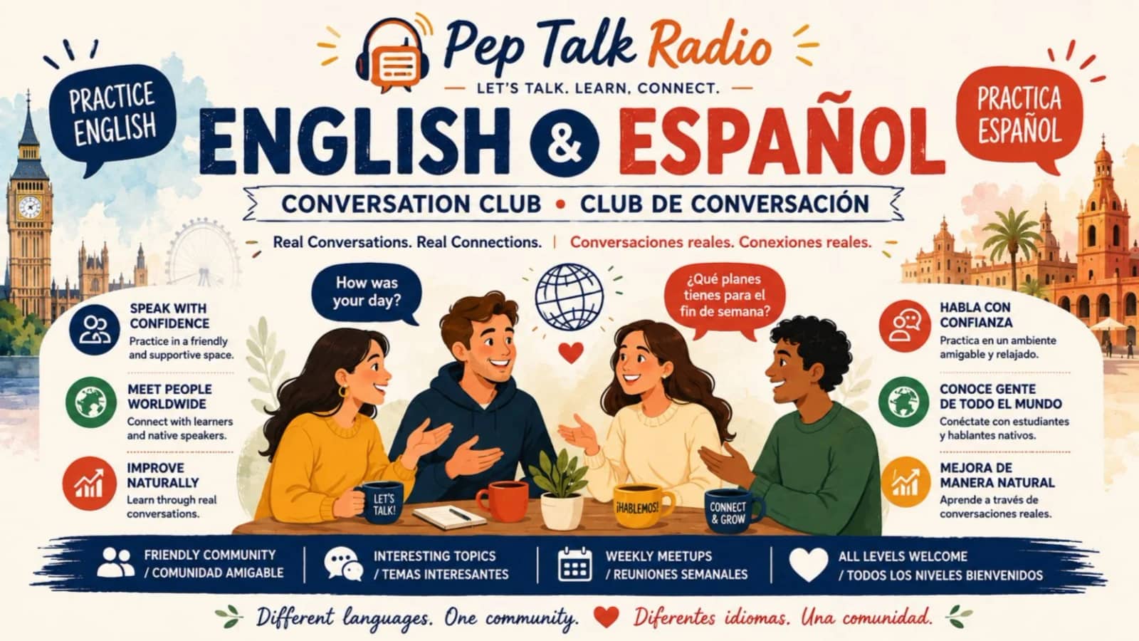Practice Spanish & English (Weekly - Online)