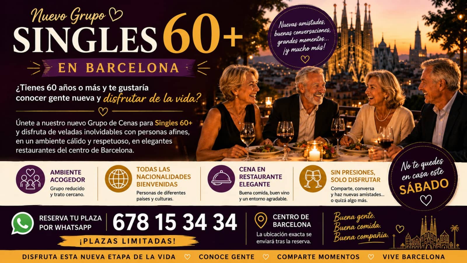 ¡Nuevo Grupo! Cenas para Singles Mayores de 60 Años