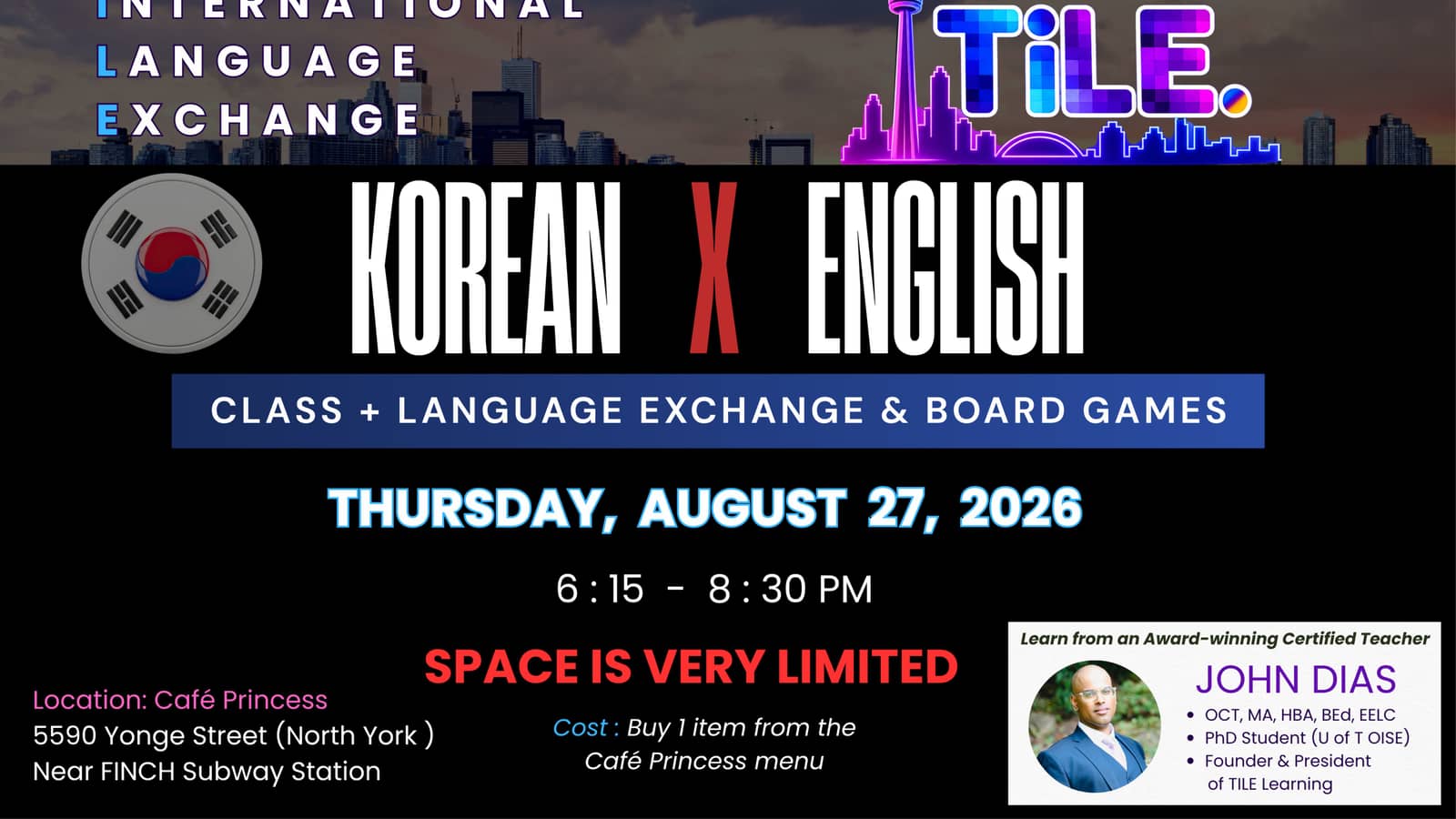 LIMITED SPACE - NEW Korean x English Language Exchange, Class & Board Games