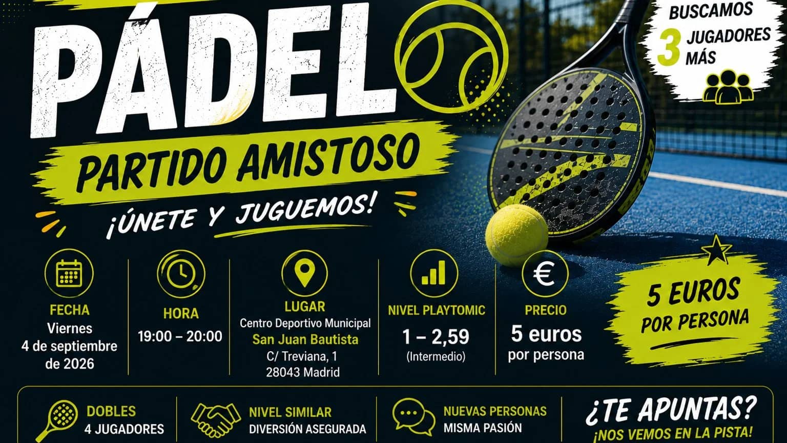 🎾 Partido de Pádel – Nivel 1,0 a 2,59 | Madrid