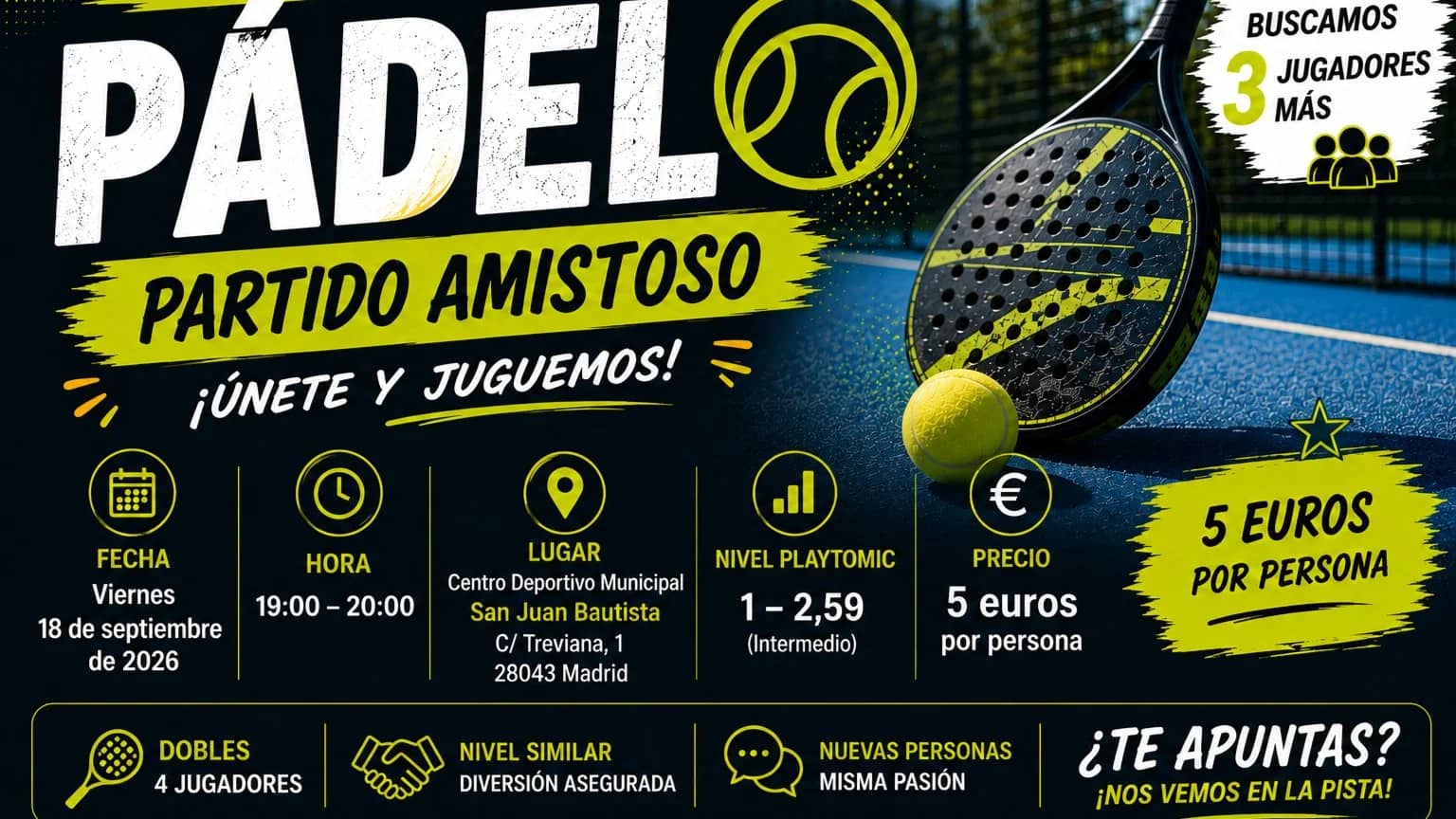 🎾 Partido de Pádel – Nivel 1,0 a 2,59 | Madrid