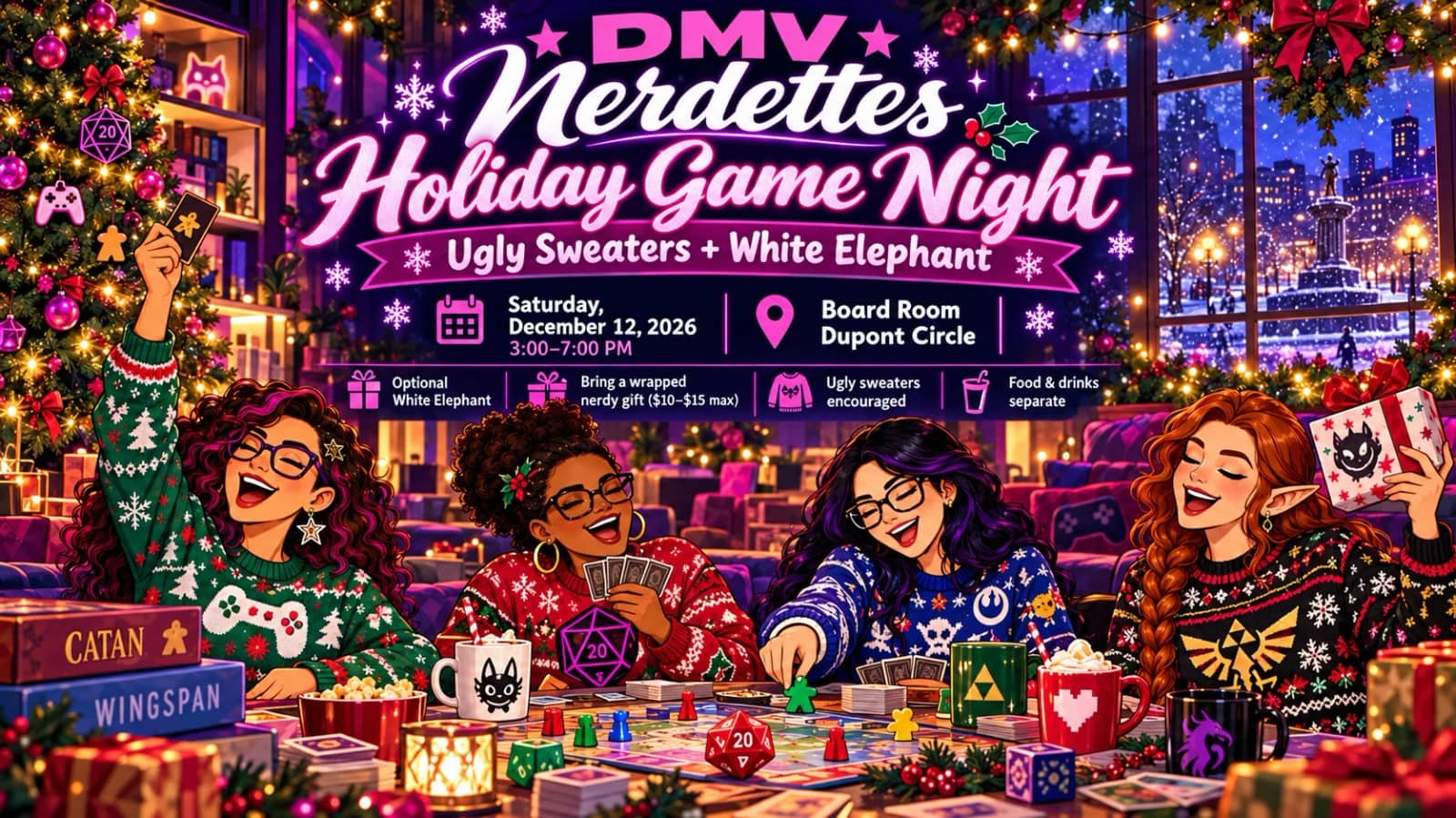 DMV Nerdettes Holiday Game Night 🎄🎲 | Ugly Sweaters + White Elephant