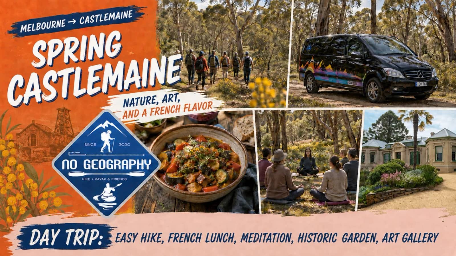 🌿 Spring CASTLEMAINE — Day Trip: Hike, French Lunch, Meditation, Garden, Art