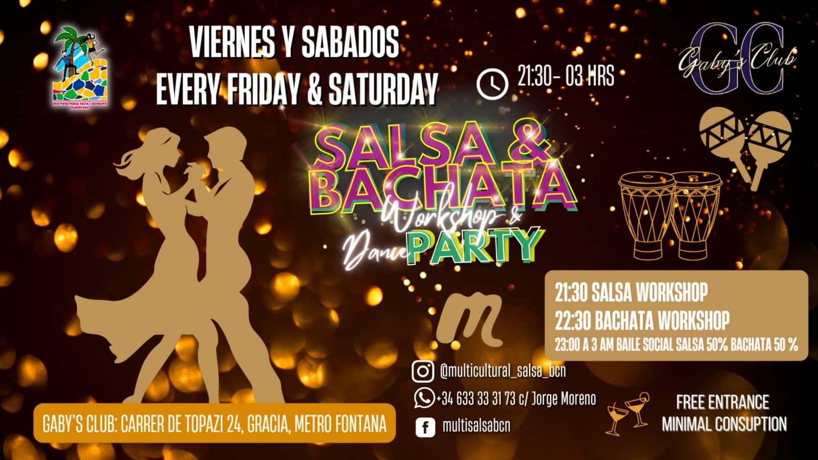 VIERNES!! Clase de Salsa y Bachata gratis + baile social en Gaby's Club