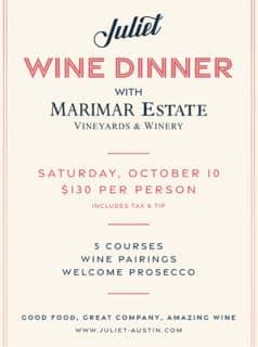Juliet Italian Kitchen Fall Wine Dinner with Marimar Estate