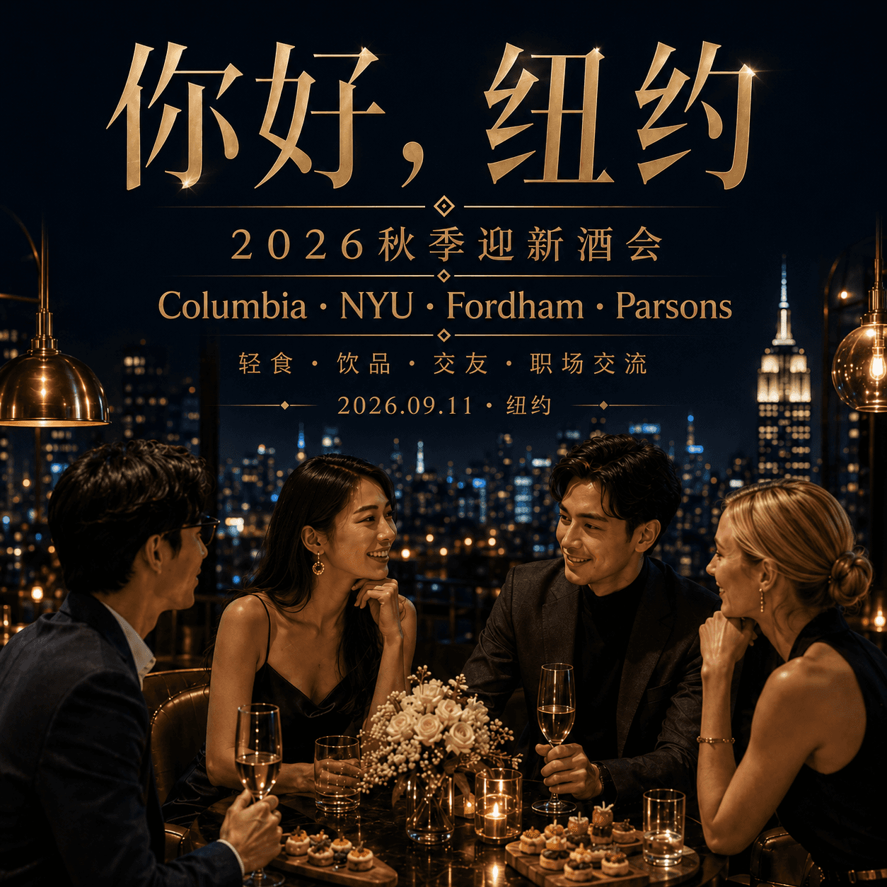 你好,纽约!|2026秋季联谊迎新酒会 · Columbia × NYU × Fordham × Parsons · 社交×职场×交友×创投,你想要的这里都有!