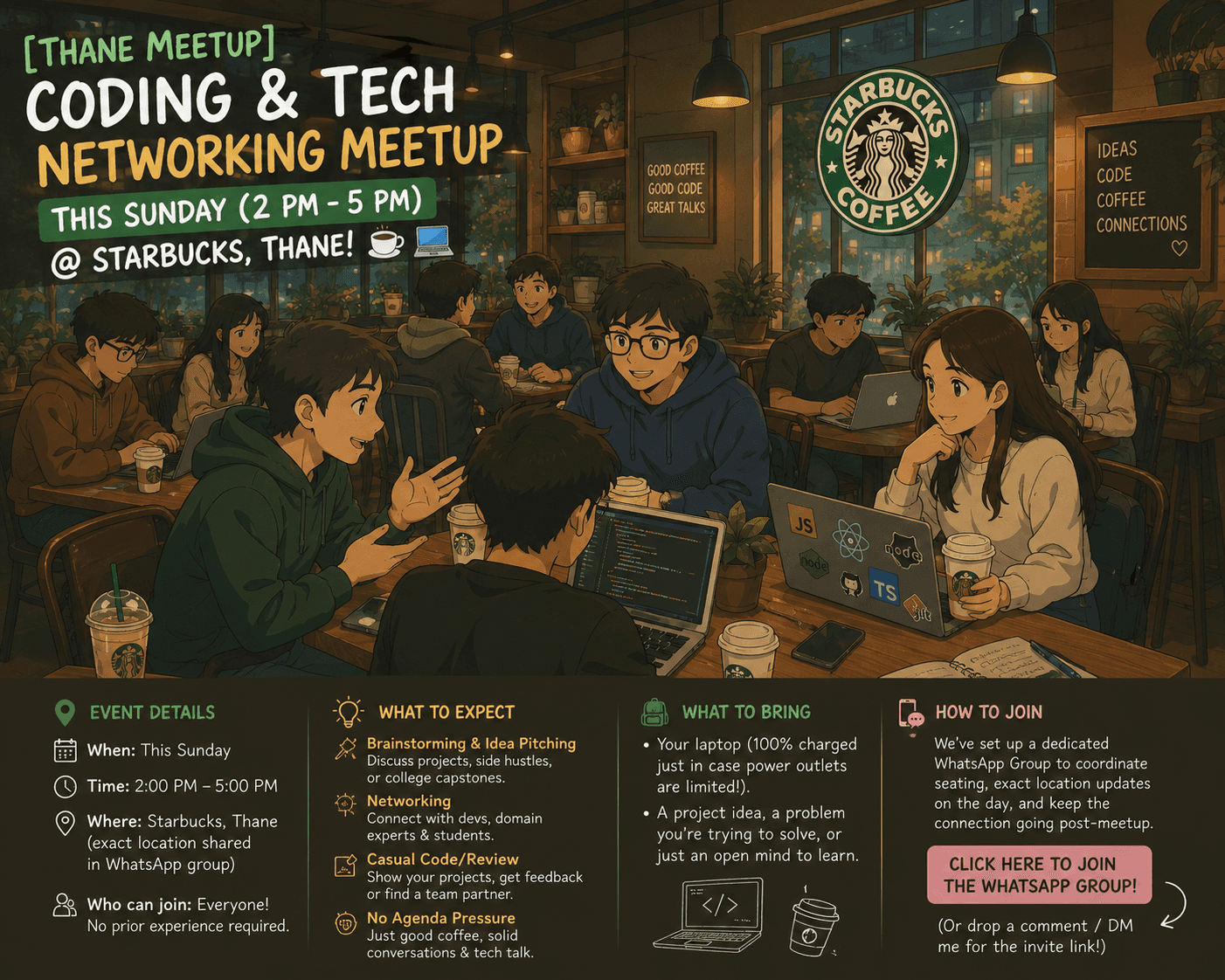 {Thane Meetup} Coding & Tech Networking Meetup this Sunday (30th August 2026) (2 PM - 5 PM) @ Starbucks - Panch Pakhdi , Thane! βπ»