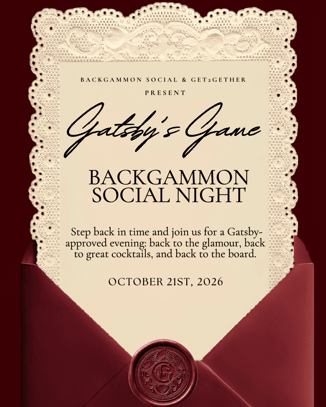 Gatsby’s Game a Backgammon Social Night