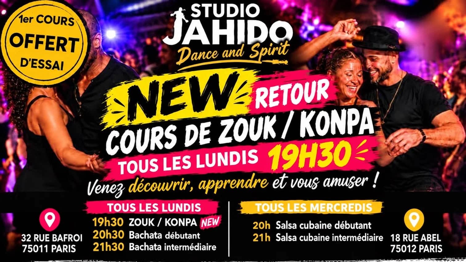 🎉 🎉 Bachata Deb-Inter/Zouk-Konpa Paris, 1er cours d’essai offert🎁 !