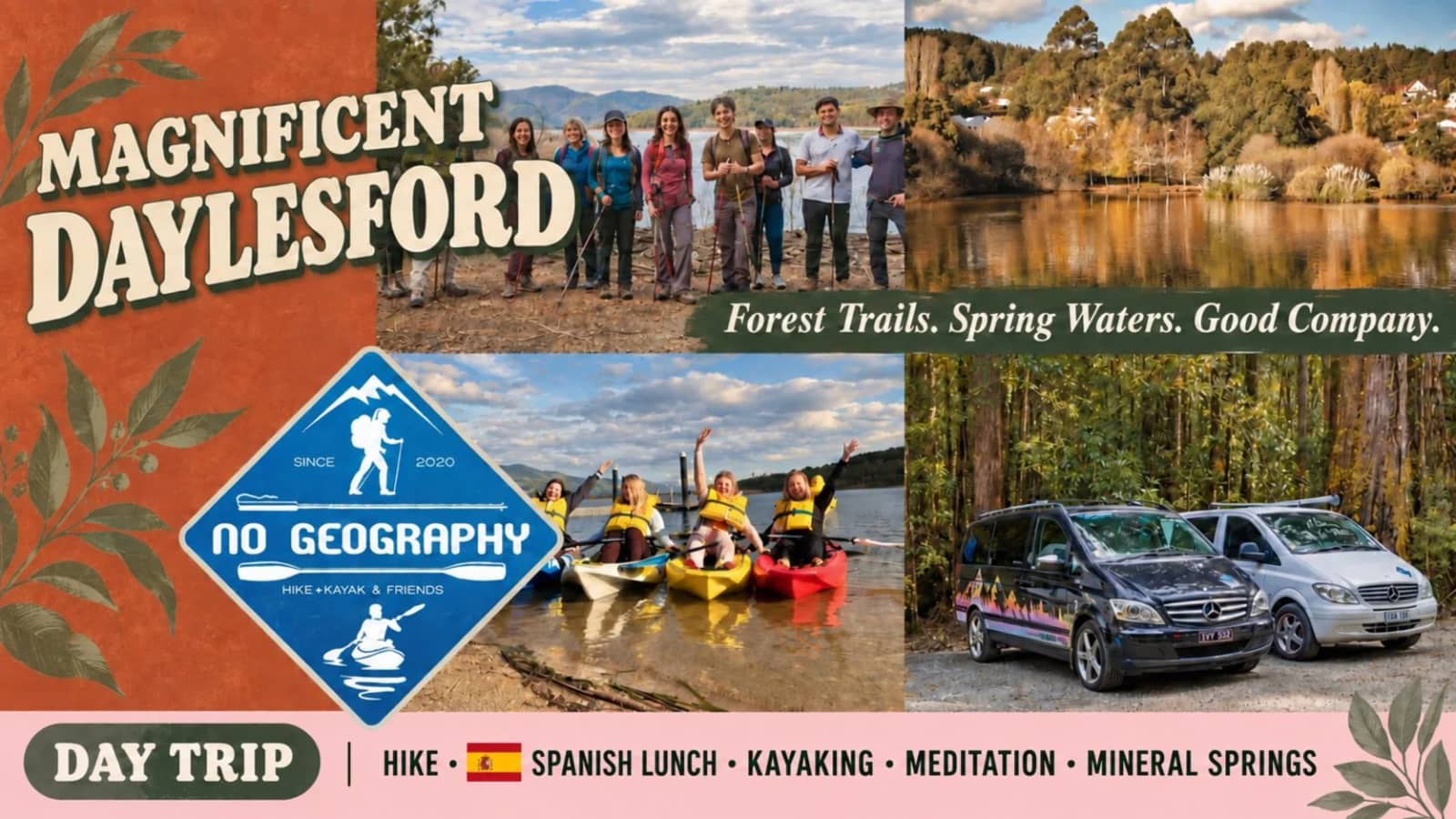 🌿Magnificent DAYLESFORD: Hike+Spanish Lunch, Kayaks, Meditation, MineralSprings
