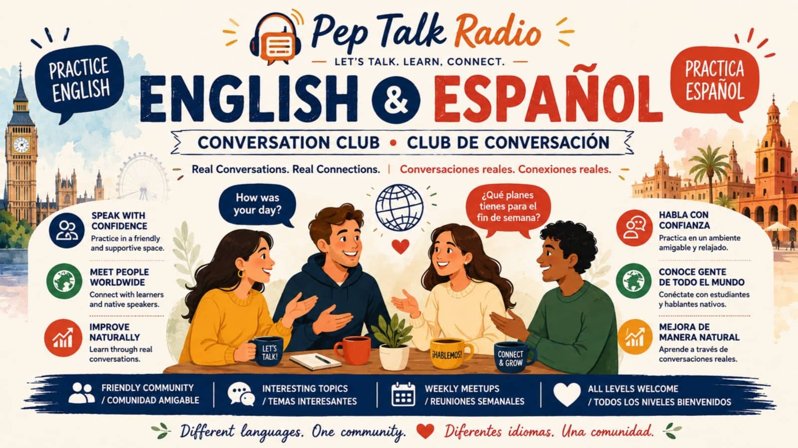 Practice Spanish & English (Weekly - Online)