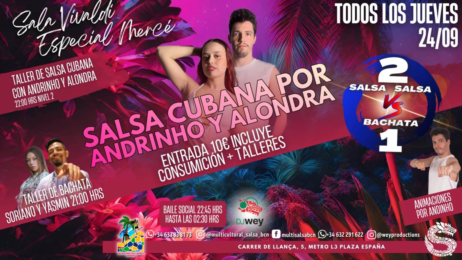 Salsa vs Bachata(2vs1), Talleres y Baile Social en Sala Vivaldi