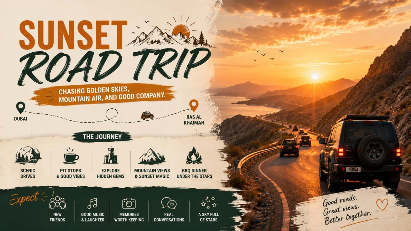Sunset Road Trip: Chasing golden skies, mountain air, and good company.